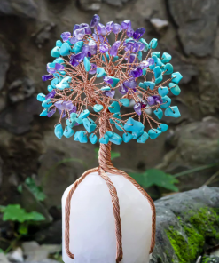 Small Turquoise & Amethyst Gemstone Chips Mineral Tree With White Quartz Base