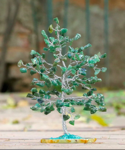 Synthetic Malachite Crystsl Chips Mineral Tree with Agate Slice Base