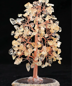 Golden Quartz Gemstone Chips Mineral Tree with Agate Slice Base