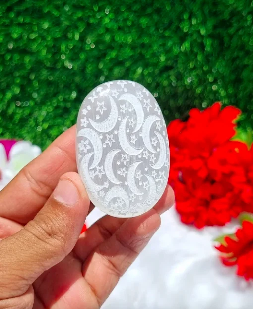 Wholesale Selenite Moons & Stars Engraved Palm Stone