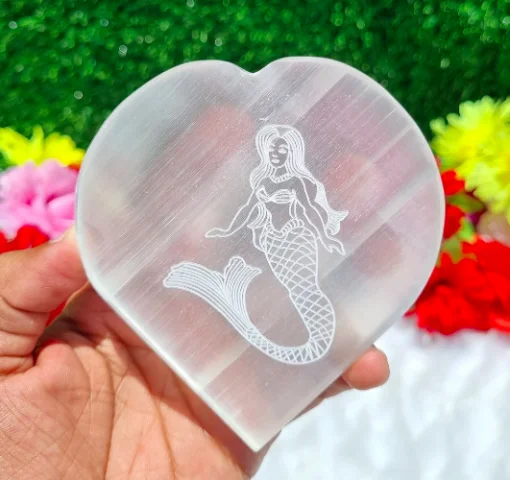 Wholesale Selenite Mermaid Engraved Heart Shape Plate